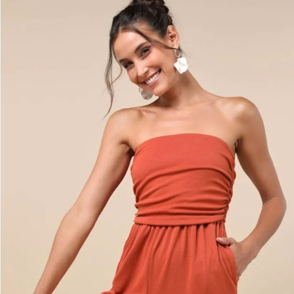 Lulu's Strapless Burnt Orange Jogger Jumpsuit